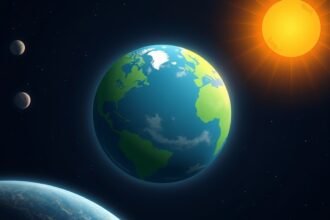 An illustration of the Earth at its closest point to the Sun, with the Sun's rays shining down on the planet, and a subtle background of stars and planets.