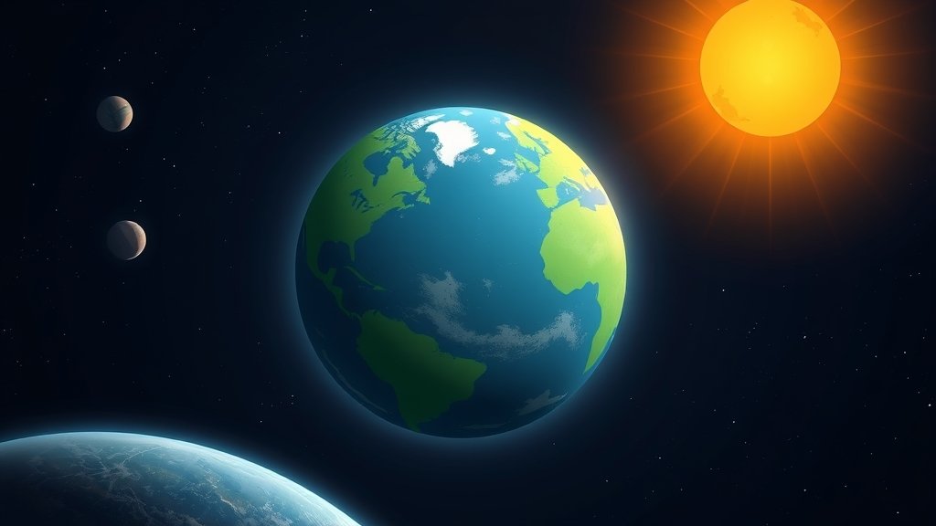 An illustration of the Earth at its closest point to the Sun, with the Sun's rays shining down on the planet, and a subtle background of stars and planets.
