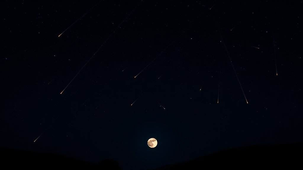 A high-resolution image of a dark night sky with the Quadrantid meteor shower visible, with a full Wolf Moon hanging low in the horizon, and a few trees or hills in the foreground to give a sense of perspective.