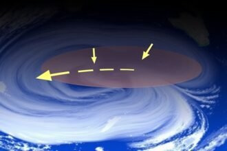 A satellite image of the Intertropical Convergence Zone (ITCZ) with arrows indicating the shift in its position, with a subtle background of a globe showing the equatorial region.