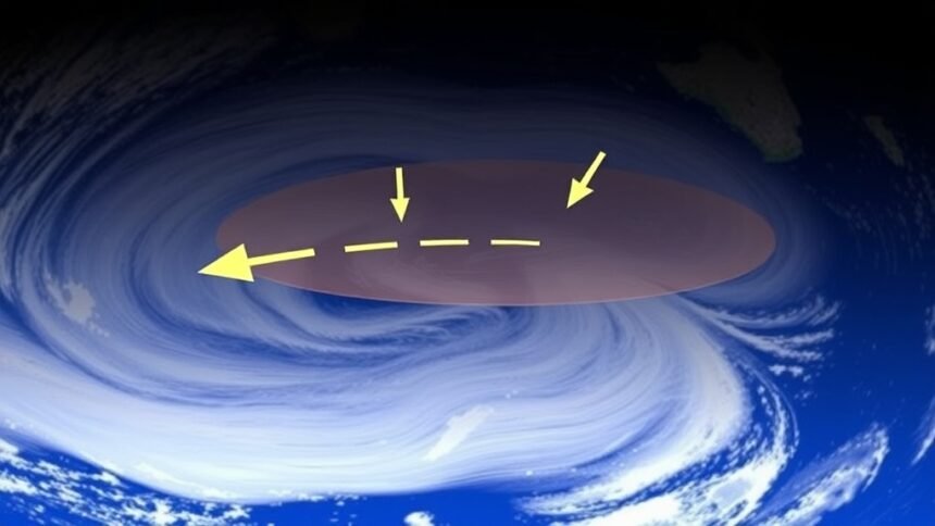 A satellite image of the Intertropical Convergence Zone (ITCZ) with arrows indicating the shift in its position, with a subtle background of a globe showing the equatorial region.