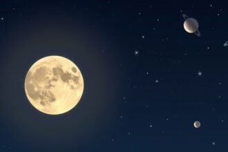 An illustration of the Moon in the night sky with its companions, including stars and planets, on January 3, 2026.