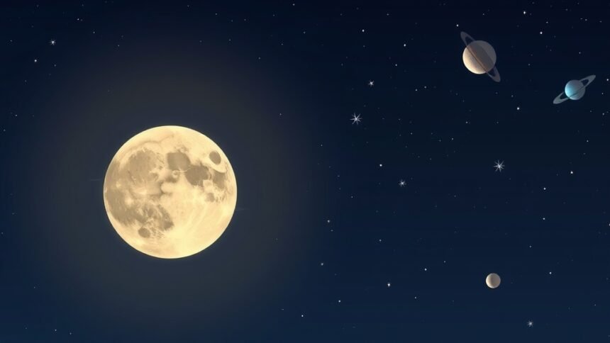 An illustration of the Moon in the night sky with its companions, including stars and planets, on January 3, 2026.