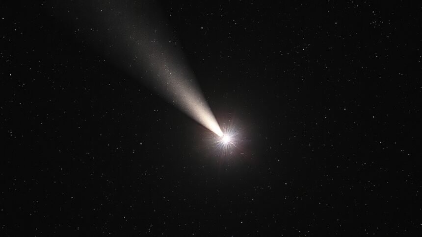 A high-resolution image of Comet 3I/ATLAS with a symmetric jet structure, set against a starry night sky with the Milky Way galaxy visible in the background.