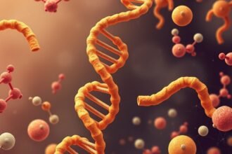 An illustration of a double helix DNA structure with a four-stranded DNA knot, surrounded by proteins and other molecular components, in a warm and inviting color scheme, with subtle textures and shading to convey a sense of depth and complexity.