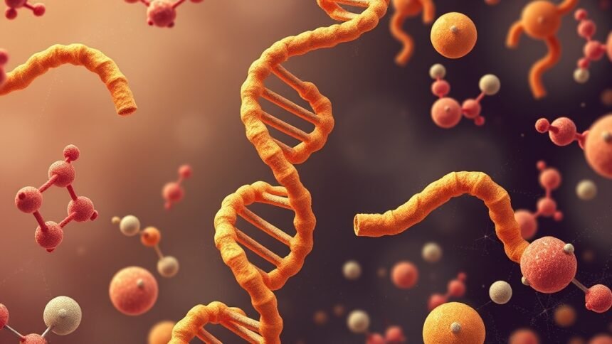 An illustration of a double helix DNA structure with a four-stranded DNA knot, surrounded by proteins and other molecular components, in a warm and inviting color scheme, with subtle textures and shading to convey a sense of depth and complexity.