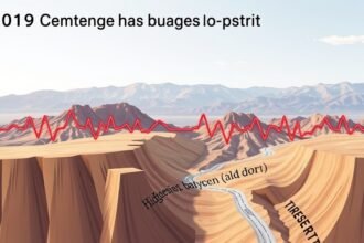 An illustration of the 2019 Ridgecrest earthquakes with seismic waves and fault lines, incorporating elements of Bayesian inference and data analysis, set against a backdrop of the California landscape.