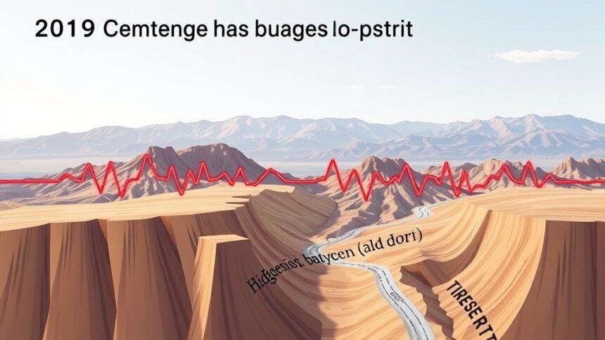An illustration of the 2019 Ridgecrest earthquakes with seismic waves and fault lines, incorporating elements of Bayesian inference and data analysis, set against a backdrop of the California landscape.