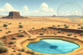 A detailed illustration of a small reservoir in semi-arid South Texas with a machine learning model in the background, highlighting the connection between the two.