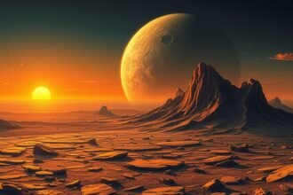 A dramatic illustration of the ancient African bedrock with a massive asteroid impact in the background, and a small primordial soup in the foreground, with the sun rising over the horizon.