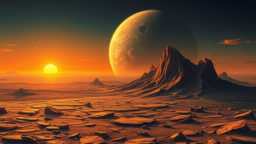 A dramatic illustration of the ancient African bedrock with a massive asteroid impact in the background, and a small primordial soup in the foreground, with the sun rising over the horizon.