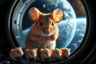 An image of a mouse in a spacecraft with a background of Earth from space, with a few baby mice in the foreground, symbolizing the birth of mice in space.