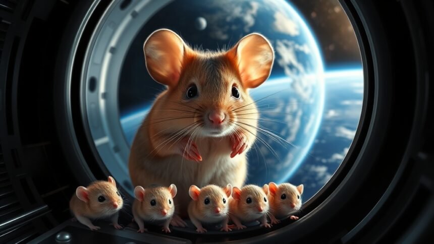 An image of a mouse in a spacecraft with a background of Earth from space, with a few baby mice in the foreground, symbolizing the birth of mice in space.