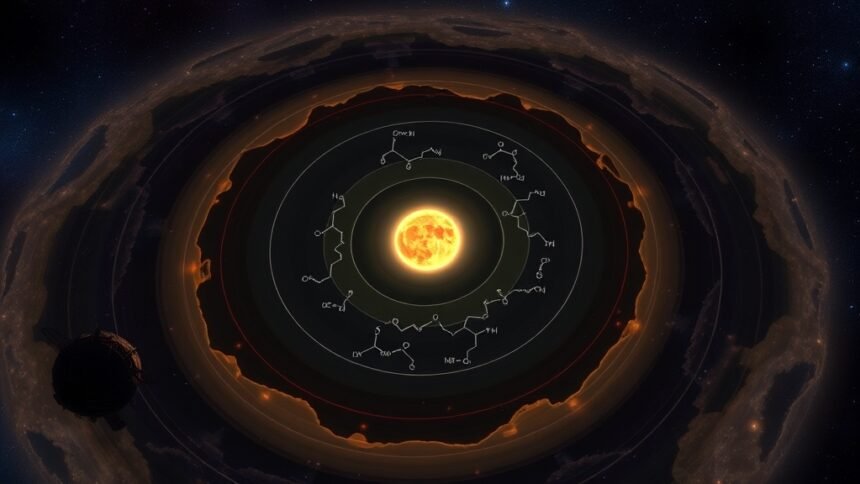 An illustration of the T Chamaeleontis star system with a young stellar disk, showcasing complex hydrocarbon molecules and the JWST telescope in the background.