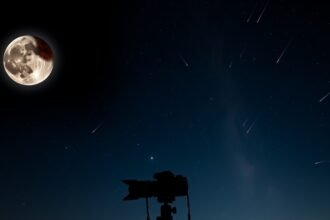 A composite image of a lunar eclipse, a supermoon, and a meteor shower in the night sky, with a camera and tripod in the foreground.