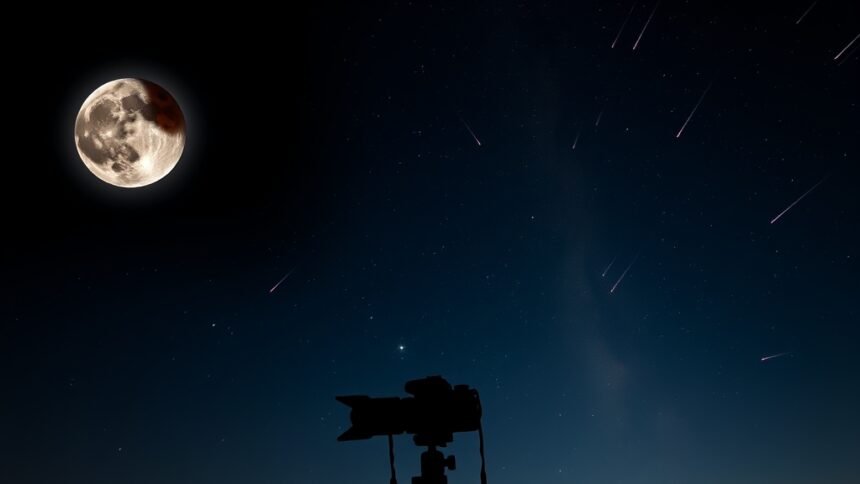 A composite image of a lunar eclipse, a supermoon, and a meteor shower in the night sky, with a camera and tripod in the foreground.