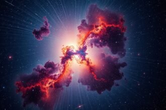 A high-resolution image of the Large Magellanic Cloud with vibrant colors and detailed texture, showcasing the birth of new stars and the expansion of cosmic gas.