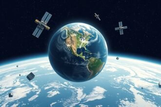 An illustration of Earth's orbit with satellites and space debris, highlighting the risks and challenges associated with space exploration