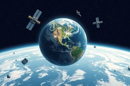 An illustration of Earth's orbit with satellites and space debris, highlighting the risks and challenges associated with space exploration