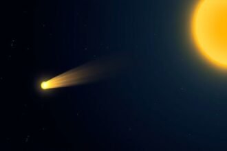 An illustration of Comet C/2025 R3 (PanSTARRS) approaching the Sun, with a bright tail and a visible coma, set against a dark blue background with stars and planets visible.