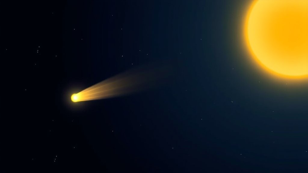 An illustration of Comet C/2025 R3 (PanSTARRS) approaching the Sun, with a bright tail and a visible coma, set against a dark blue background with stars and planets visible.