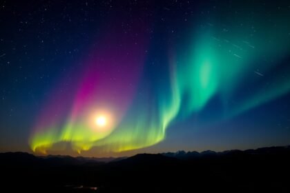 A breathtaking image of the night sky with vibrant Northern Lights, a full moon, and shooting stars, set against a backdrop of mountains or a serene landscape.