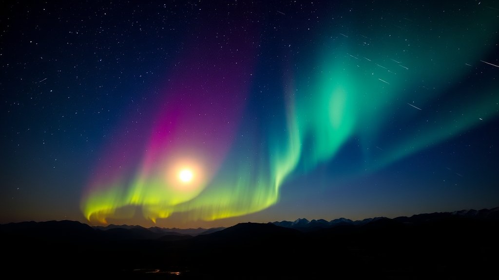 A breathtaking image of the night sky with vibrant Northern Lights, a full moon, and shooting stars, set against a backdrop of mountains or a serene landscape.