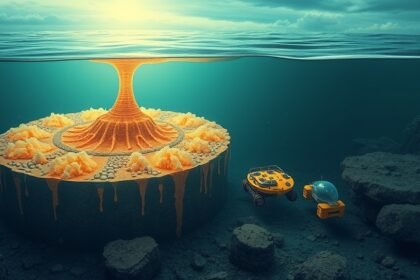 A detailed illustration of gas hydrates formation in the ocean floor, with a submersible robot exploring the area.