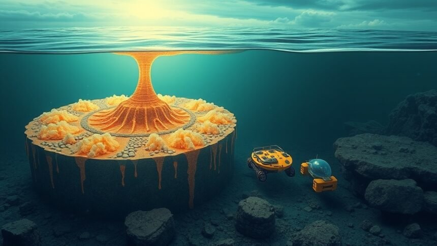 A detailed illustration of gas hydrates formation in the ocean floor, with a submersible robot exploring the area.
