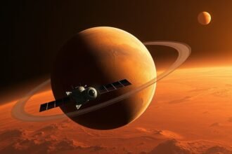 A realistic illustration of the Mars planet with a NASA spacecraft orbiting around it, with a subtle hint of a solar conjunction in the background.