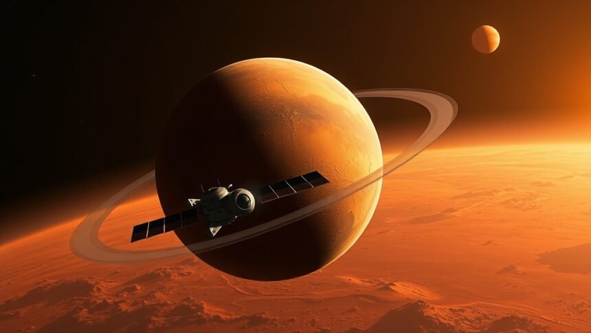 A realistic illustration of the Mars planet with a NASA spacecraft orbiting around it, with a subtle hint of a solar conjunction in the background.