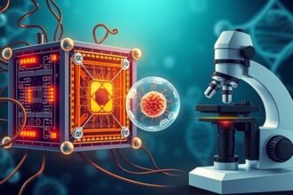 An illustration of a quantum computer and a microscope examining a single cell, with a background of DNA helices and cellular structures, blending the concepts of quantum computing and biology.