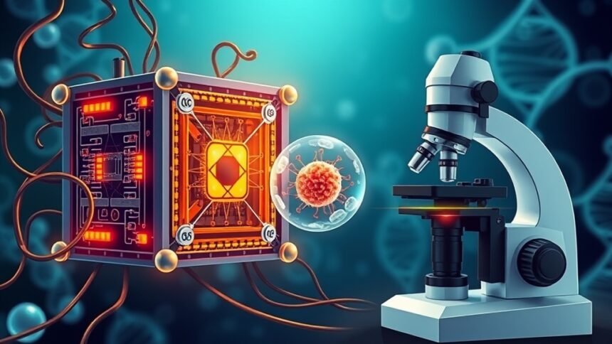 An illustration of a quantum computer and a microscope examining a single cell, with a background of DNA helices and cellular structures, blending the concepts of quantum computing and biology.