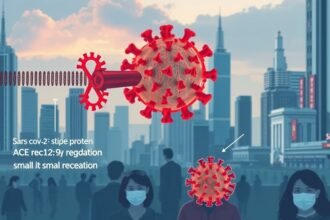 A detailed illustration showing the interaction between SARS-CoV-2 spike protein and ACE2 receptor, with thiadiazole-based small molecules inhibiting this interaction, set against a backdrop of a cityscape with people wearing masks.