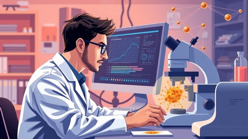An illustration of a scientist working in a lab with a computer screen displaying machine learning algorithms and a microscope showing curcumin nanocarriers