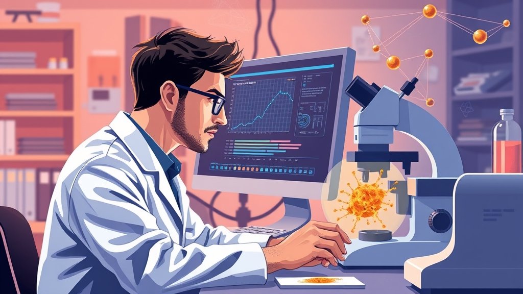 An illustration of a scientist working in a lab with a computer screen displaying machine learning algorithms and a microscope showing curcumin nanocarriers
