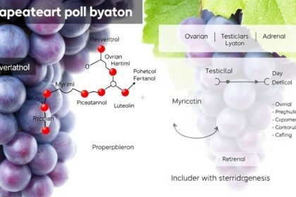 A detailed illustration showing the molecular structure of grape polyphenols such as resveratrol, piceatannol, luteolin, and myricetin, with their influence on ovarian, testicular, and adrenal functions, including steroidogenesis, in a clear and scientifically accurate manner.