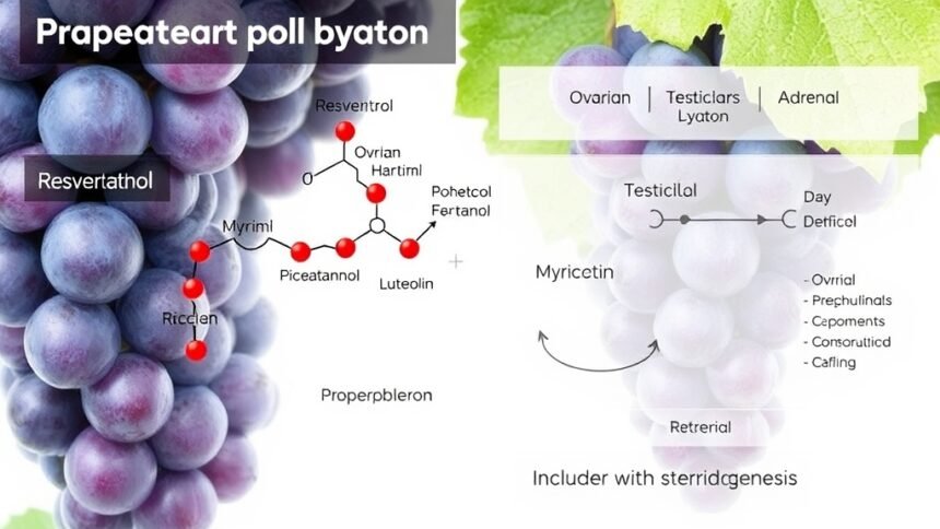 A detailed illustration showing the molecular structure of grape polyphenols such as resveratrol, piceatannol, luteolin, and myricetin, with their influence on ovarian, testicular, and adrenal functions, including steroidogenesis, in a clear and scientifically accurate manner.