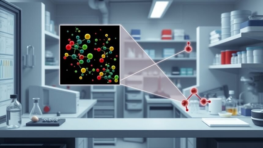 A detailed illustration of a machine learning model predicting the binding of molecules used for bioimaging, with a background of a laboratory setting and various scientific equipment.