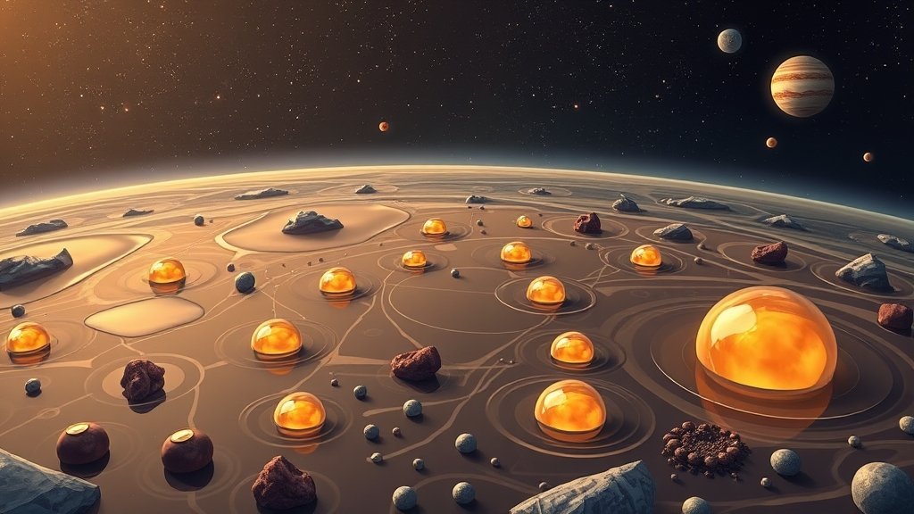 An illustration of a primordial soup with amino acids and coacervates forming, with a subtle background of stars and planets to represent the astrobiological context.