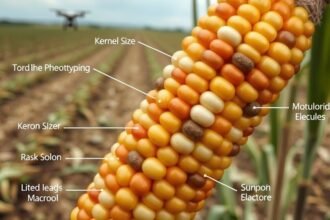A detailed image of a maize cob with various phenotyping features highlighted, such as kernel size, color, and shape, with a subtle background of a farm or agricultural field, and a few robots or drones in the distance, symbolizing the integration of technology and agriculture.
