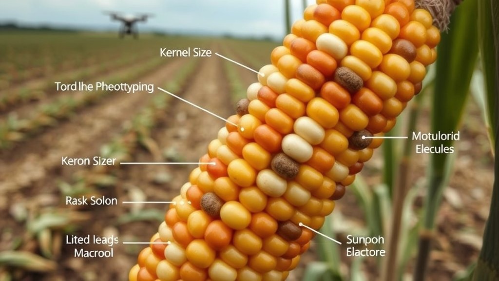 A detailed image of a maize cob with various phenotyping features highlighted, such as kernel size, color, and shape, with a subtle background of a farm or agricultural field, and a few robots or drones in the distance, symbolizing the integration of technology and agriculture.