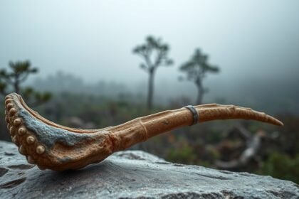 An image of a fossilized dinosaur bone with a blurred background of a ancient forest, with a few trees and a misty atmosphere, conveying a sense of discovery and mystery.