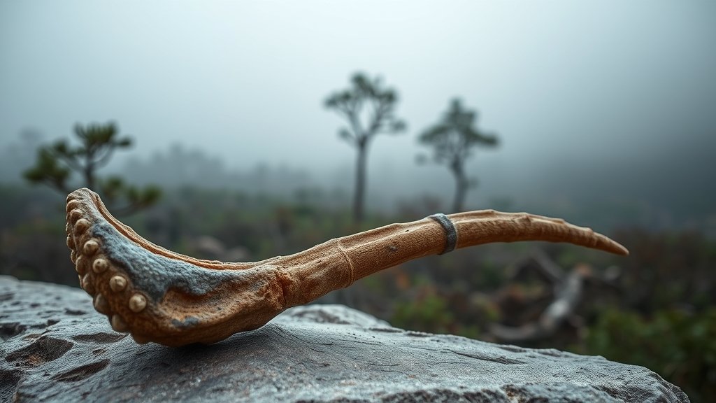An image of a fossilized dinosaur bone with a blurred background of a ancient forest, with a few trees and a misty atmosphere, conveying a sense of discovery and mystery.