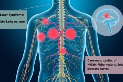 An illustration of the human nervous system with a focus on the areas affected by Guillain-Barré Syndrome, including a subtle representation of the Miller Fisher variant's impact on the brain and nerves.