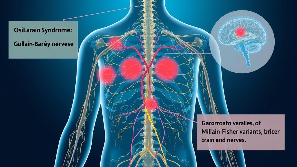 An illustration of the human nervous system with a focus on the areas affected by Guillain-Barré Syndrome, including a subtle representation of the Miller Fisher variant's impact on the brain and nerves.