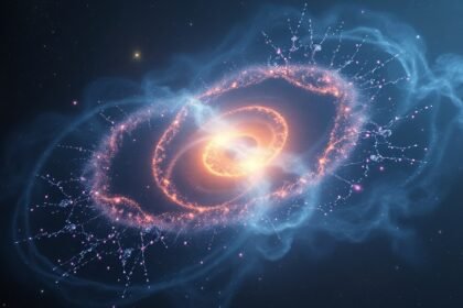 A visually stunning representation of a galaxy proto-cluster with a dense web of neutral gas, set against a dark background with stars and galaxies in the distance, conveying the complexity and mystery of the cosmos.