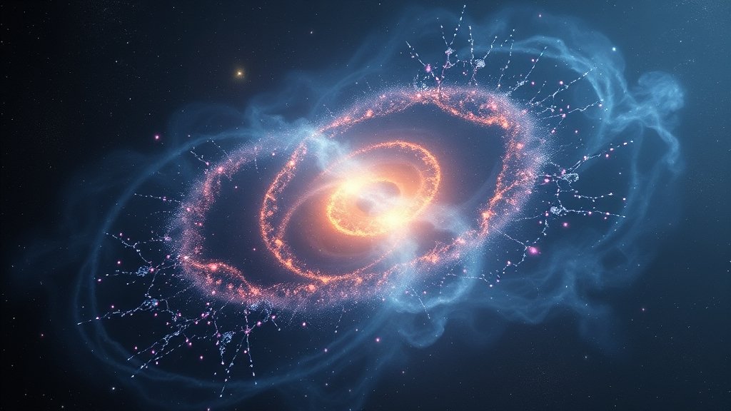 A visually stunning representation of a galaxy proto-cluster with a dense web of neutral gas, set against a dark background with stars and galaxies in the distance, conveying the complexity and mystery of the cosmos.