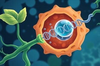 An illustration showing a plant cell taking in a bacterium, with a highlighted cis-element on the DNA, in a realistic and detailed style, with a blue and green color scheme to represent biology and science.