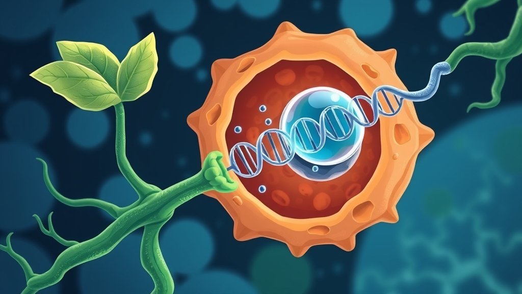 An illustration showing a plant cell taking in a bacterium, with a highlighted cis-element on the DNA, in a realistic and detailed style, with a blue and green color scheme to represent biology and science.